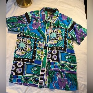 Bob Mackie Wearable Art 100% Silk Novelty Cat Short Sleeve Hawaïi Watercolor M